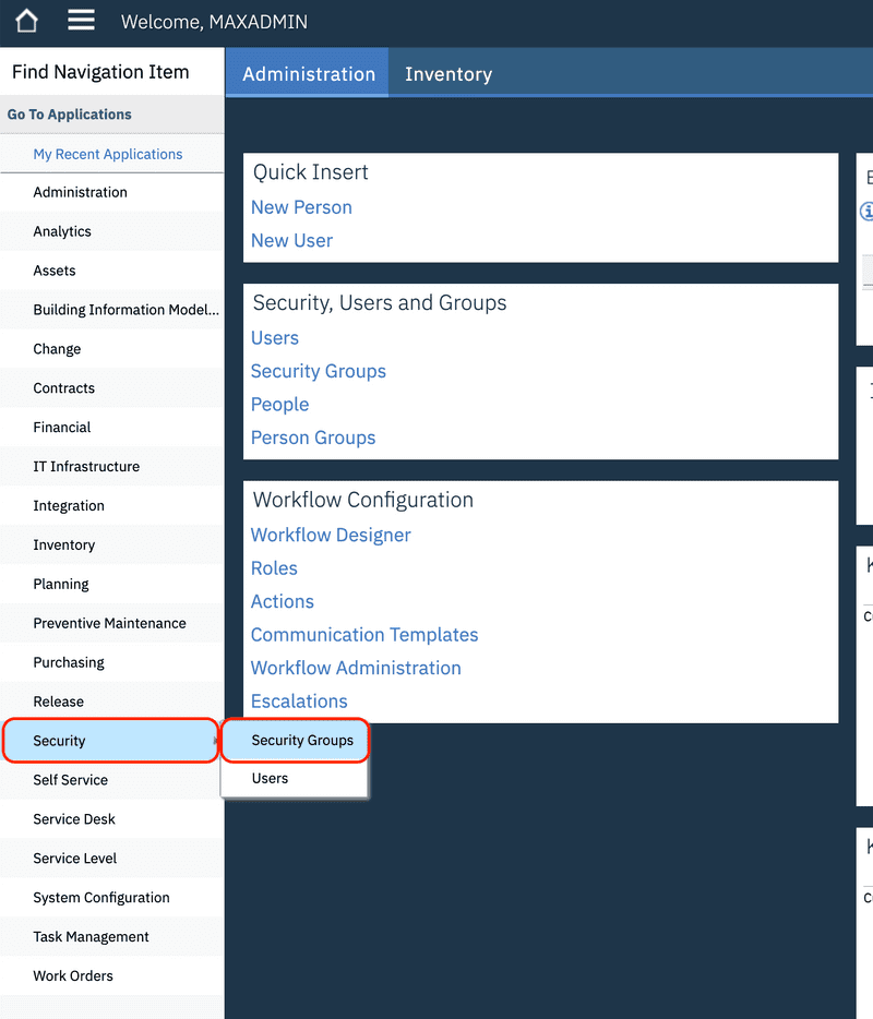 Navigate to Security Groups Application