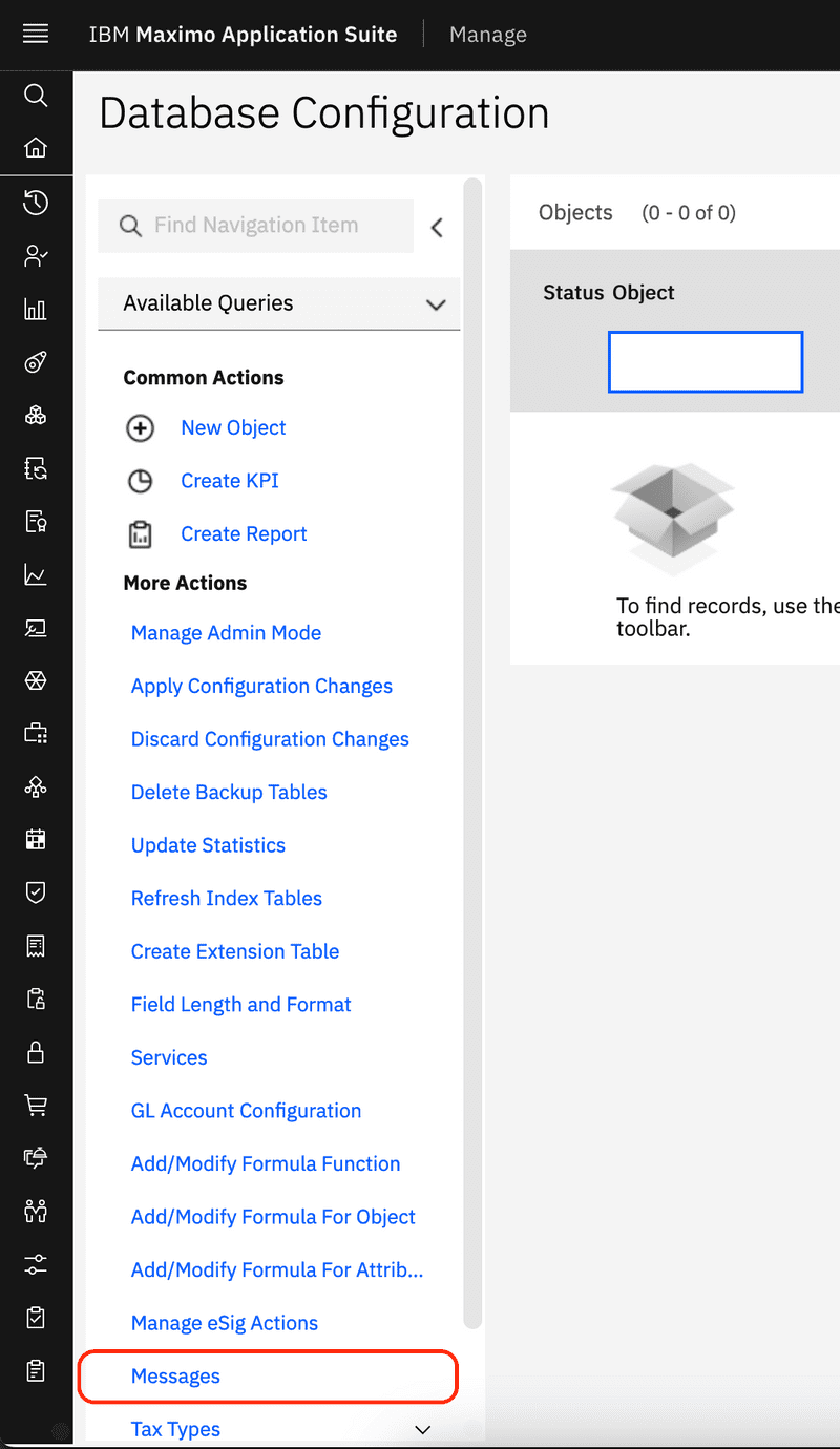 Messages Menu Database Configuration