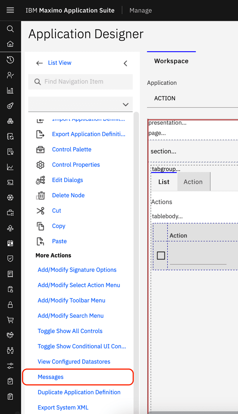 Messages Menu Application Designer 